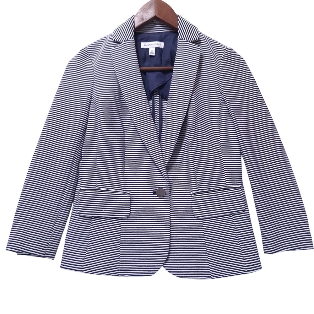 Banana Republic Striped Ponte Blazer Women 0 Navy Single Button 3/4 Sleeves Work